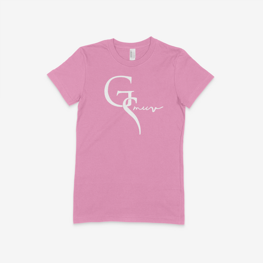 A Pink Panther colored women t-shirt with GSMUV logo in white on a white canvas