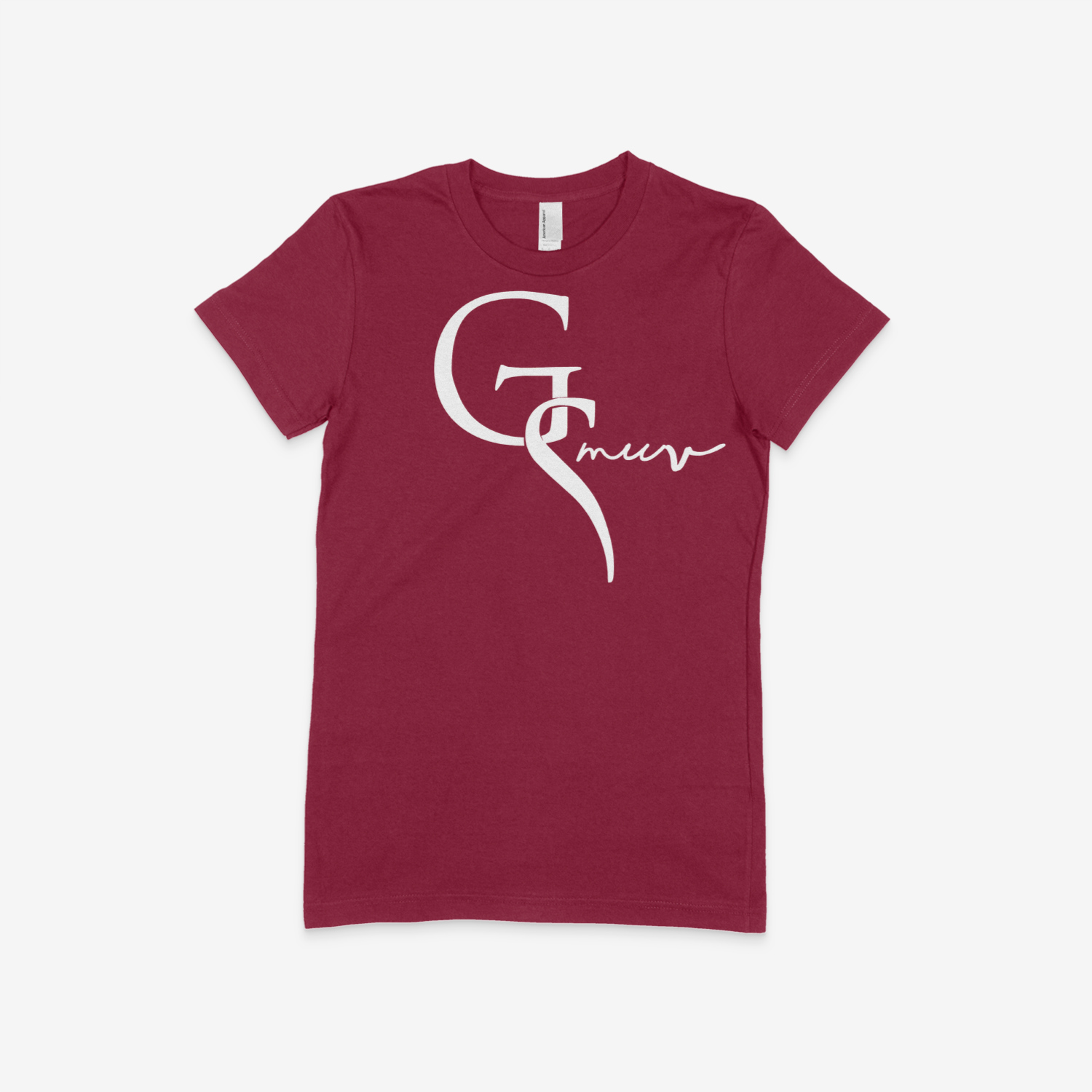 dark red women t-shirt with a white GSMUV logo on it with a white background