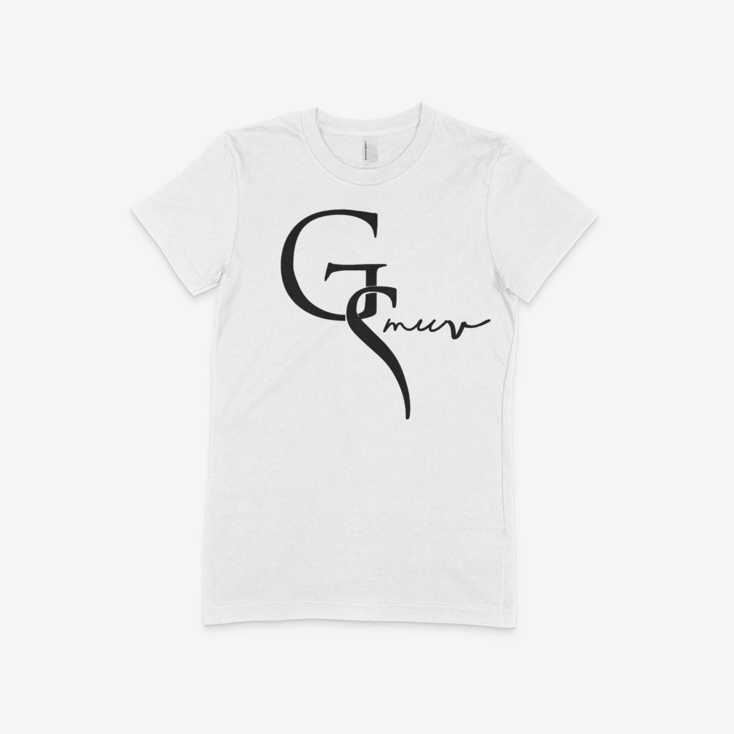 all white women t-shirt with a black GSMUV logo on it with a white background
